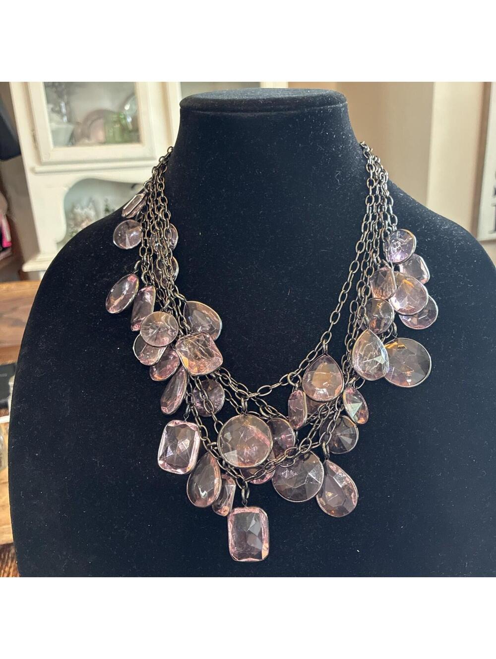 J Crew Blush PINK  Rock Candy Glass  Necklace Multi Strand Gunmetal Tone